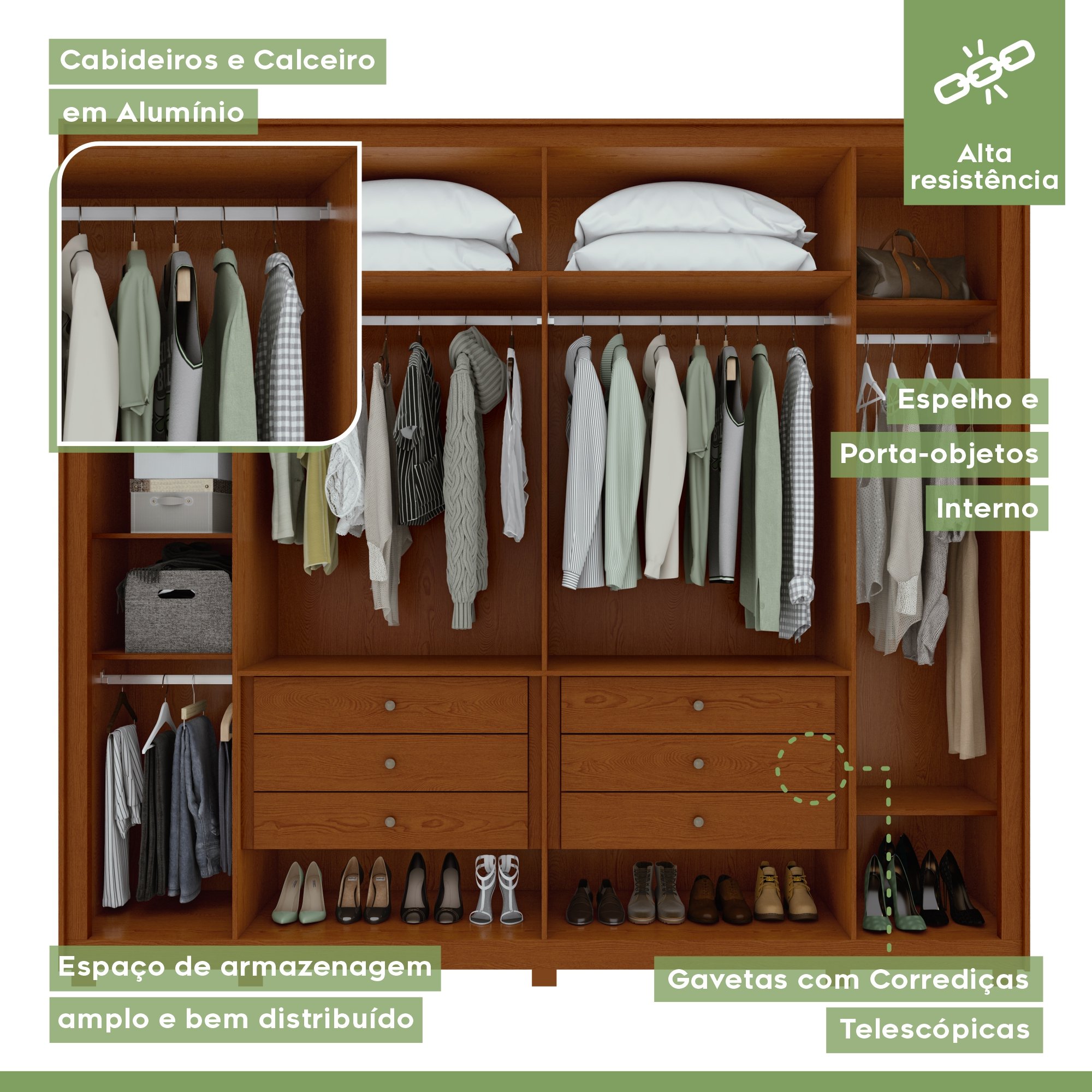 Guarda-roupa 6 Portas 6 Gavetas 100% Mdf Imperatore com Pés - 4