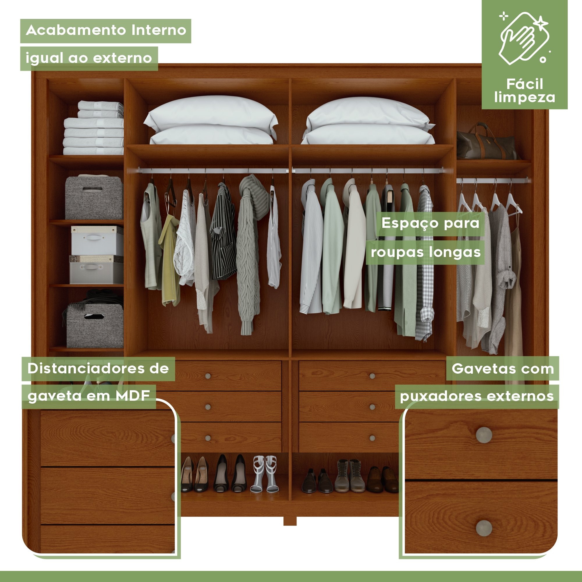 Guarda-roupa 6 Portas 6 Gavetas 100% Mdf Imperatore com Pés - 5