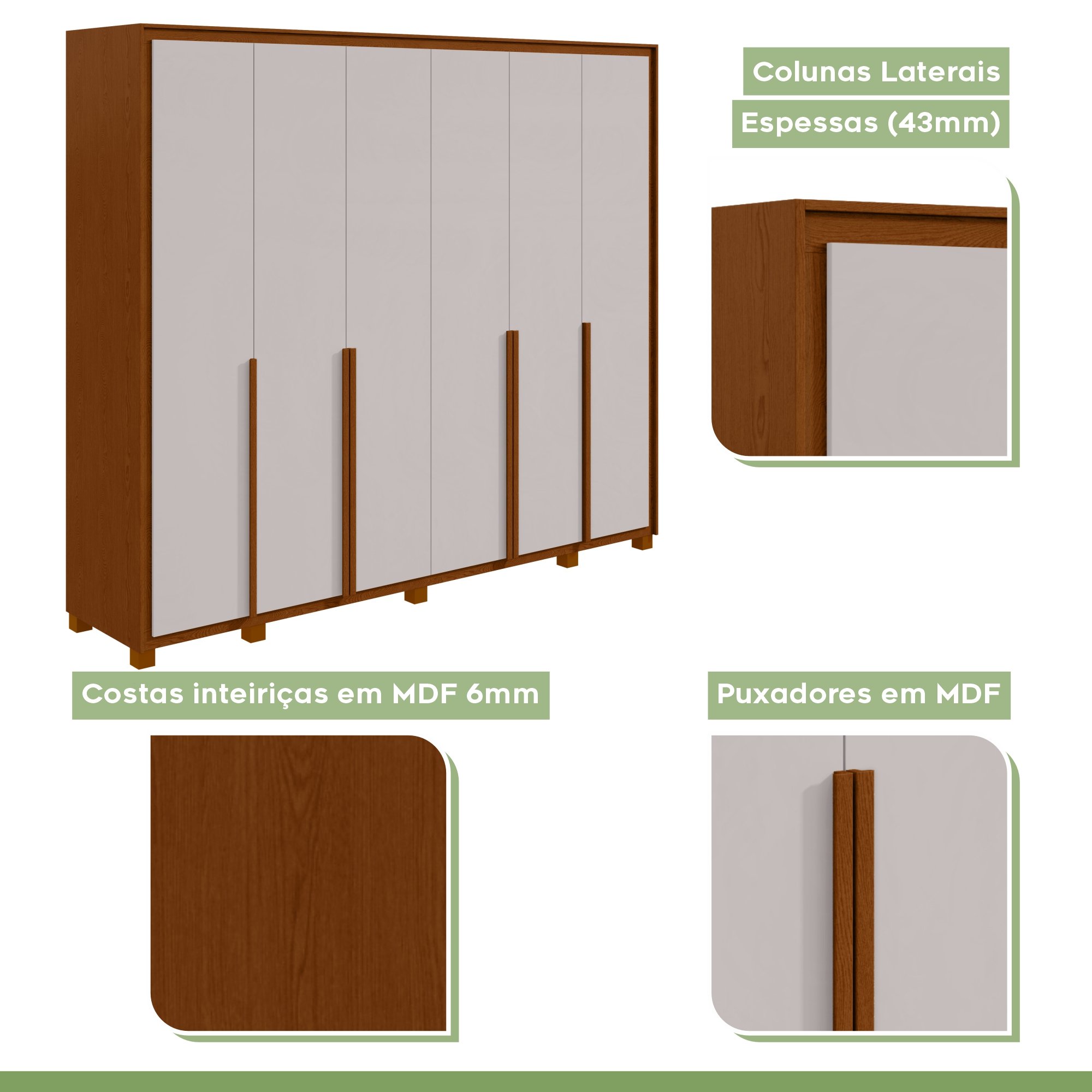 Guarda-roupa 6 Portas 6 Gavetas 100% Mdf Imperatore com Pés - 3