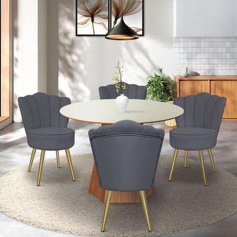 Kit 4 Cadeiras de Jantar Pétala com Pés em Aço Dourado Veludo Cinza Bz Home Decor