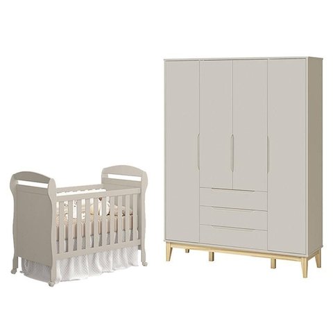 Berço Americano Danny e Guarda Roupa 4 Portas Elfe Classic Areia Acetinado Natural - Reller