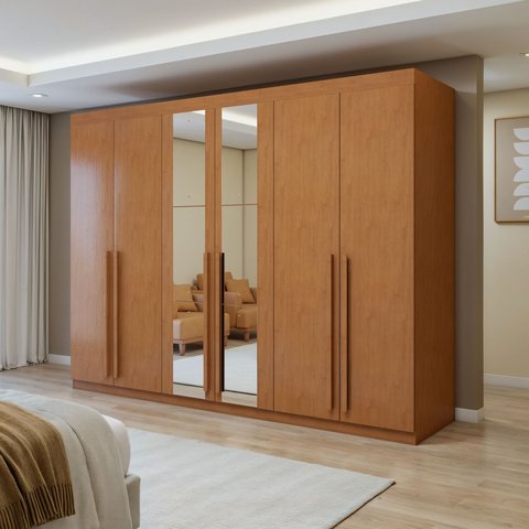 Guarda-Roupa Casal 6 Portas 4 Gavetas com Espelho 270cm Bertha Amêndoa Clean