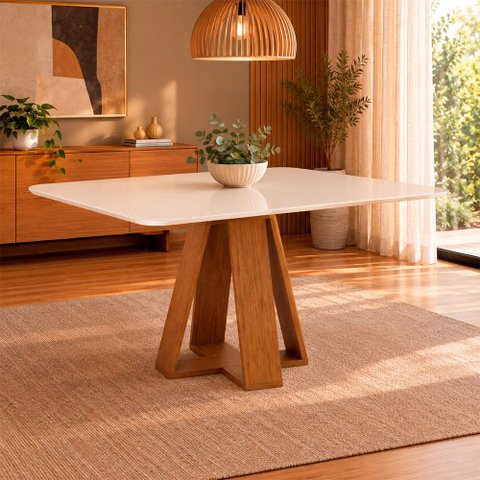 Mesa de Jantar Retangular 4 Lugares Tampo MDF Chanfrado Curvo Kiara 120cm Freijó Off White DJ Móveis