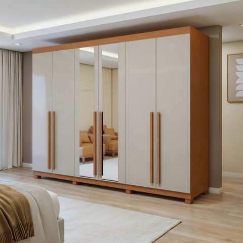 Guarda-Roupa Casal 6 Portas 4 Gavetas com Espelho e Pés 270cm Bertha Amêndoa Clean/Off White