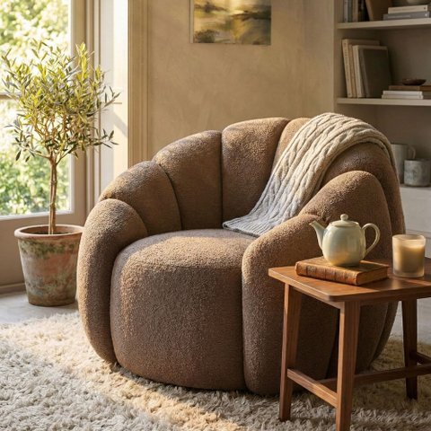 Poltrona Decorativa Curva Orgânica Serena Bouclê Cappuccino - Montanari'S Decor