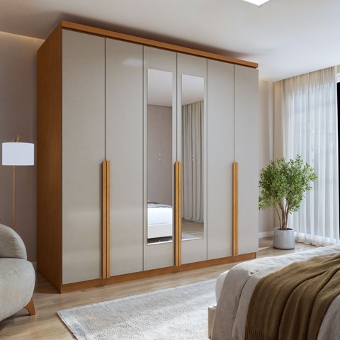 Guarda-Roupa Casal 6 Portas 4 Gavetas com Espelho MDF 230cm Alonzo Marrom Amêndoa Clean/Off White