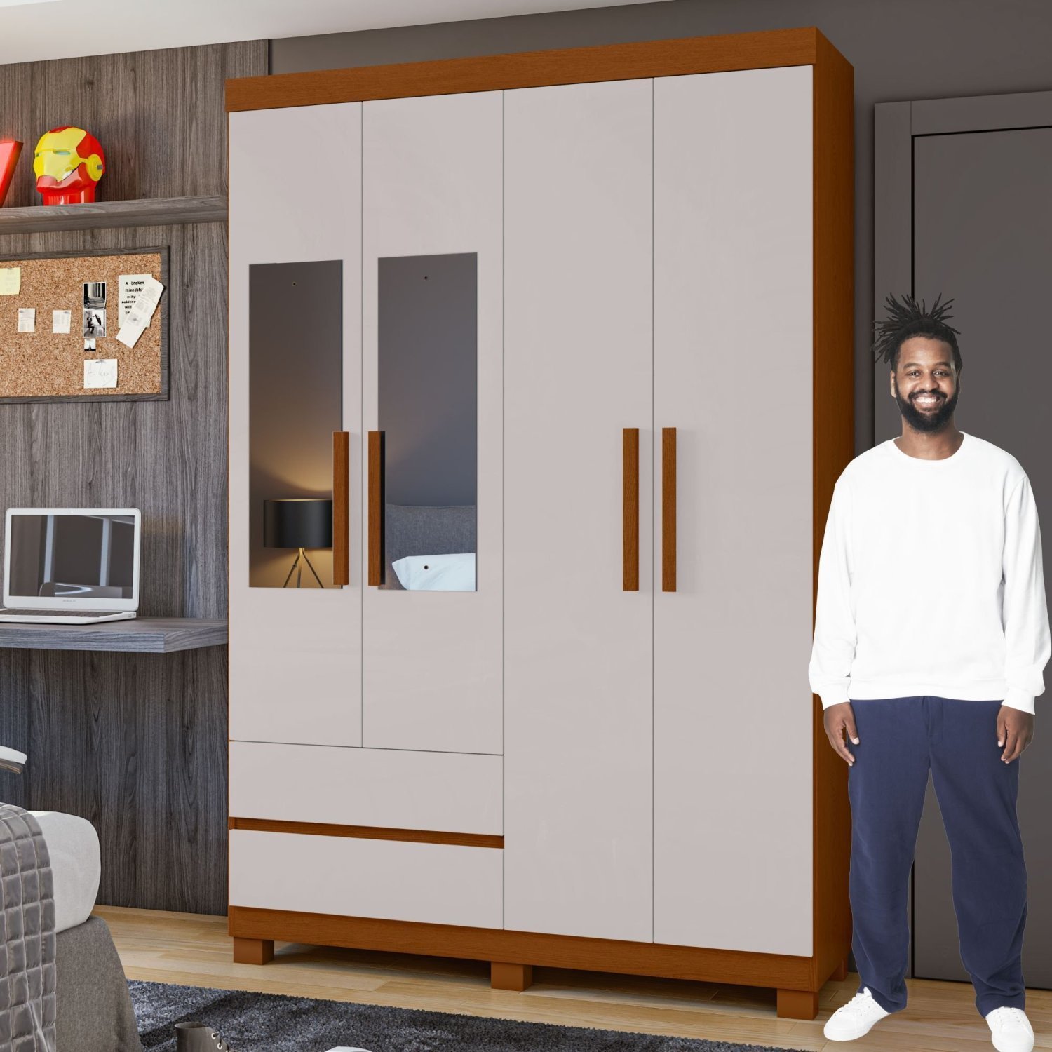 Guarda-roupa 4 Portas 2 Gavetas Zeus com Espelho e com Pés