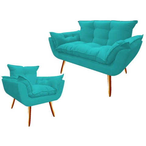 Kit Namoradeira + Poltrona Decorativa Opala Suede Azul Tifany Pés Madeira Ms Decor