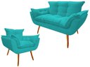 Ver imagem 1 de Kit Namoradeira + Poltrona Decorativa Opala Suede Azul Tifany Pés Madeira Ms Decor