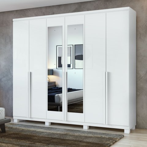 Guarda-Roupa Casal 6 Portas 4 Gavetas com Espelho e Pés MDF 230cm Alonzo Branco