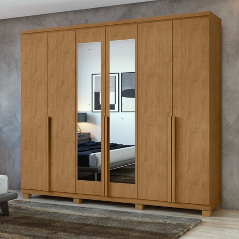 Guarda-Roupa Casal 6 Portas 4 Gavetas com Espelho e Pés MDF 230cm Alonzo Amêndoa Clean