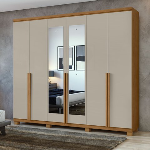Guarda-Roupa Casal 6 Portas 4 Gavetas com Espelho e Pés MDF 230cm Alonzo Marrom Amêndoa Clean/Off White
