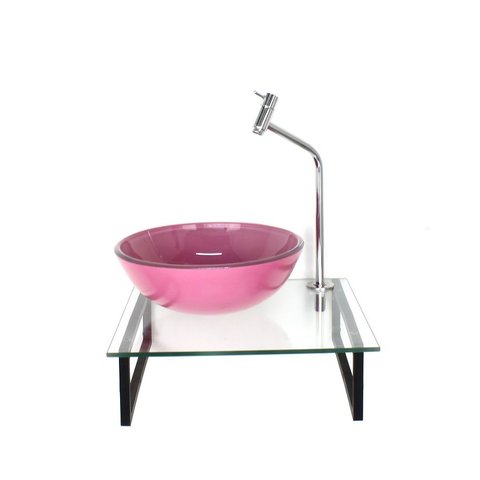 Gabinete de Vidro com Cuba Redonda Rosa Tampo 40cm Incolor Mais Torneira Metal
