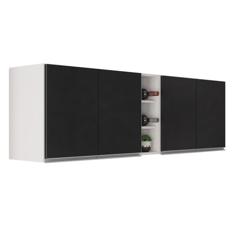 Kit 2 Armários Aéreos Califórnia 80cm e Nicho Garrafeiro 20cm Riad Branco/preto - Lumil