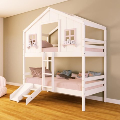 Beliche Casinha Dos Sonhos com Escada/ Escorregador Madeira Maciça Branco/ Rosa Housin