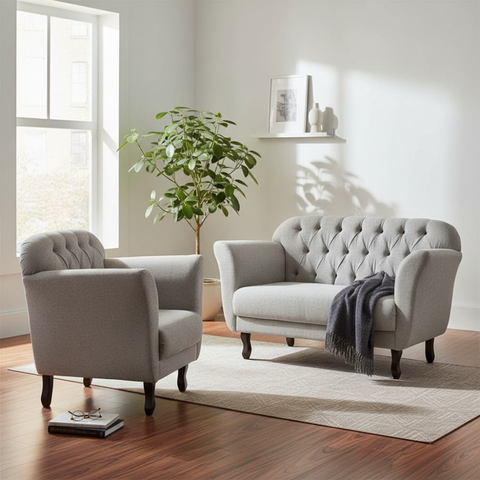 Kit Namoradeira + 1 Poltrona Decorativa Dália Linho Cinza Pés Madeira