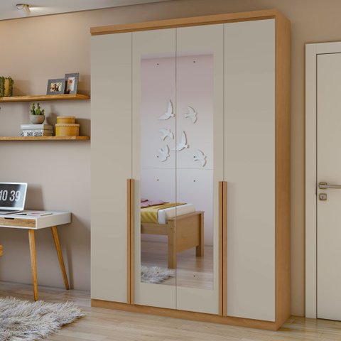 Guarda-Roupa Solteiro 4 Portas 2 Gavetas com Espelho MDF 153cm Alonzo Marrom Amêndoa Clean/Off White