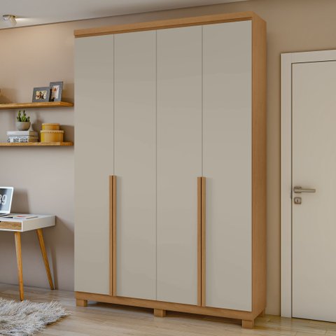 Guarda-Roupa Solteiro 4 Portas 2 Gavetas com Pés MDF 153cm Alonzo Marrom Amêndoa Clean/Off White