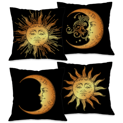 Kit com 4 Capas para Almofadas Decorativas Sol e Lua Dourados