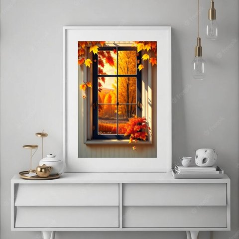 Quadro Janela Paisagem Outono - 60x48cm:madeira Preta