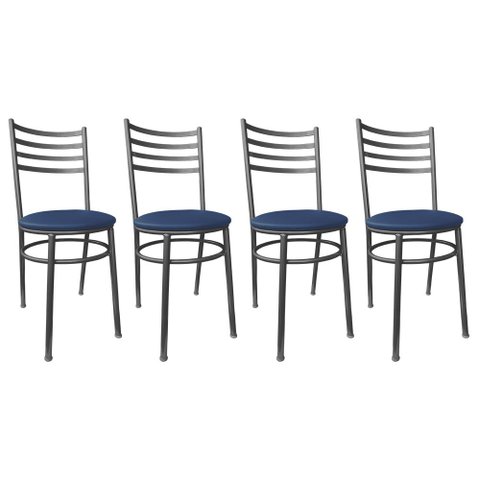 Conjunto 4 Cadeiras Jantar de Metal Preto e Assento Estofado Azul Escuro