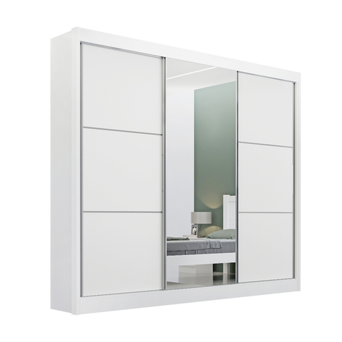 Guarda Roupa Mdf Cristal 3 Portas com Espelho Branco