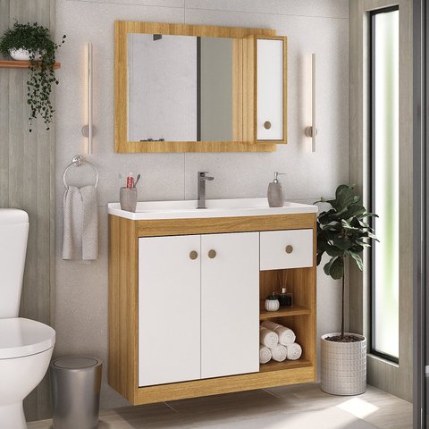 Conjunto de Banheiro Suspenso 80cm com Gabinete e Espelheira Mel Branco Yescasa