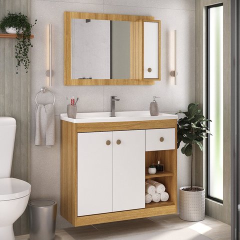 Conjunto de Banheiro Suspenso 80cm com Gabinete e Espelheira Mel Branco Yescasa