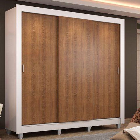 Guarda-Roupa Casal Madesa Lyon 3 Portas de Correr 2 Gavetas com Pés Branco/Rustic Cor:Branco/Rustic