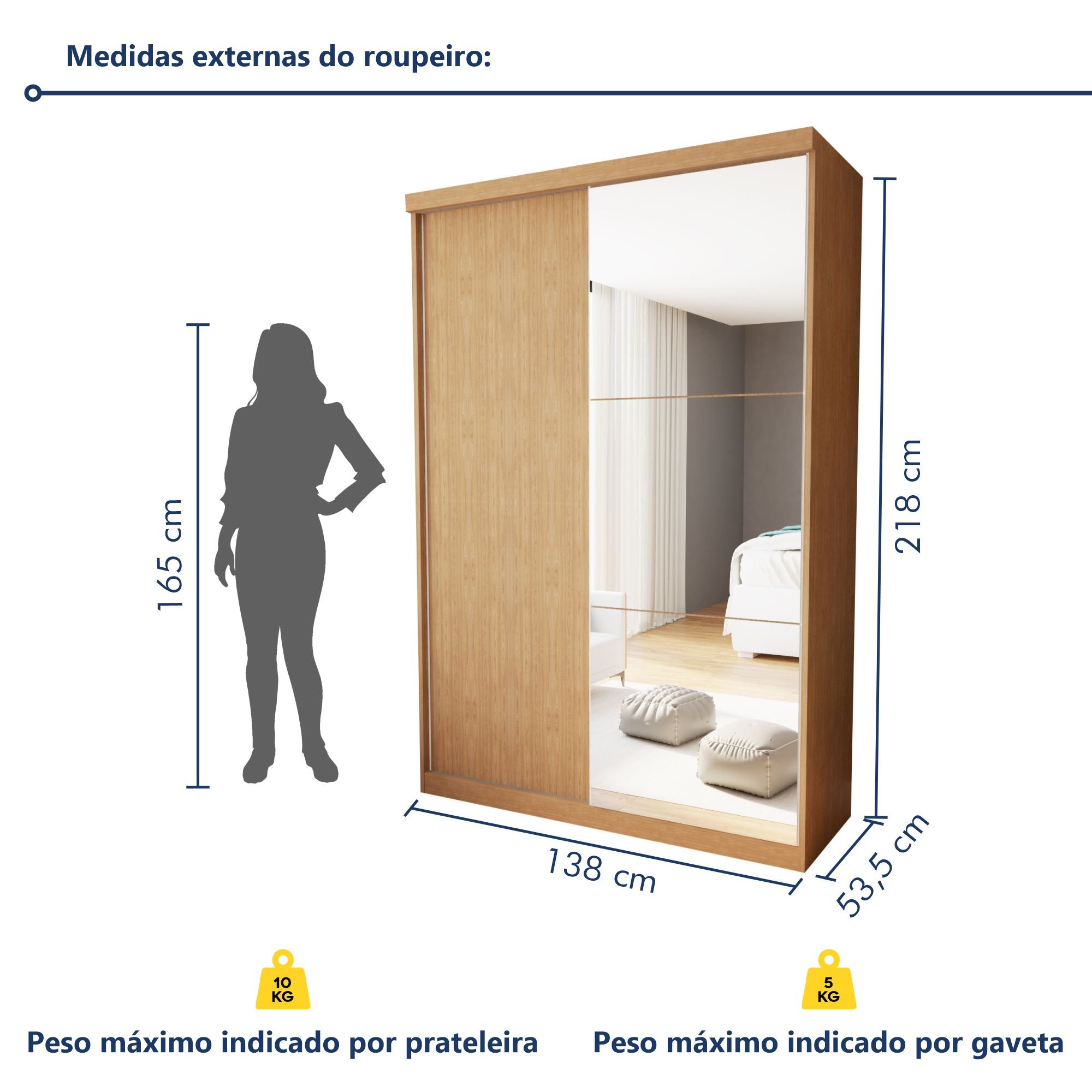 Guarda Roupa Solteiro Premium Cléo 138cm com Espelho 2 Portas 2 Gavetas Espresso Móveis       - 9