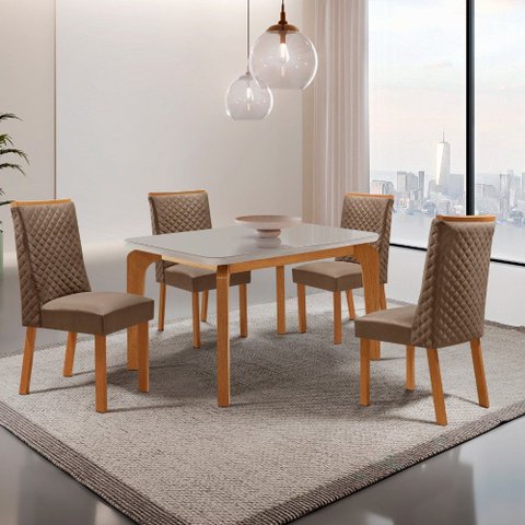 Mesa de Jantar Liz 120cm Tampo MDF Vidro Canto Copo com 4 Cadeiras Yasmin