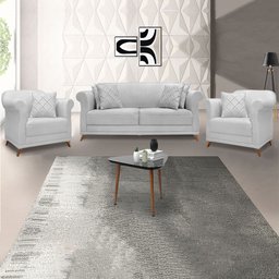 Kit 2 Poltronas e Sofá Living 2 Lugares 1,60m Vênus Linho Cinza Pés Castanho - Pallazio - 2