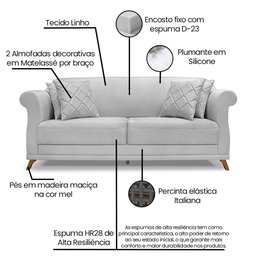 Kit 2 Poltronas e Sofá Living 2 Lugares 1,60m Vênus Linho Cinza Pés Castanho - Pallazio - 6