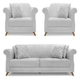 Kit 2 Poltronas e Sofá Living 2 Lugares 1,60m Vênus Linho Cinza Pés Castanho - Pallazio - 1