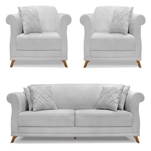 Kit 2 Poltronas e Sofá Living 2 Lugares 1,60m Vênus Linho Cinza Pés Castanho - Pallazio