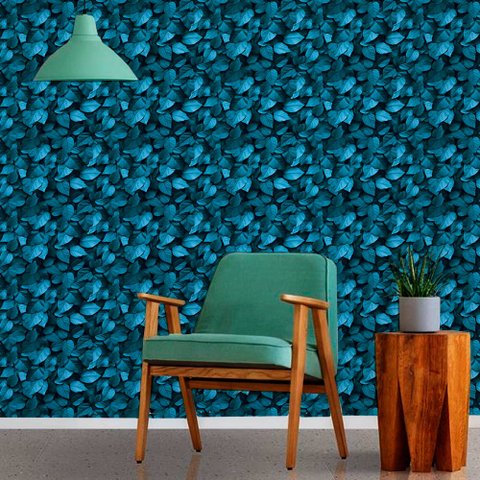 Papel de Parede Folhagem Azul Tacolado Papel de Parede 0,58 X 3,00m Premium - Fundo Bloqueador