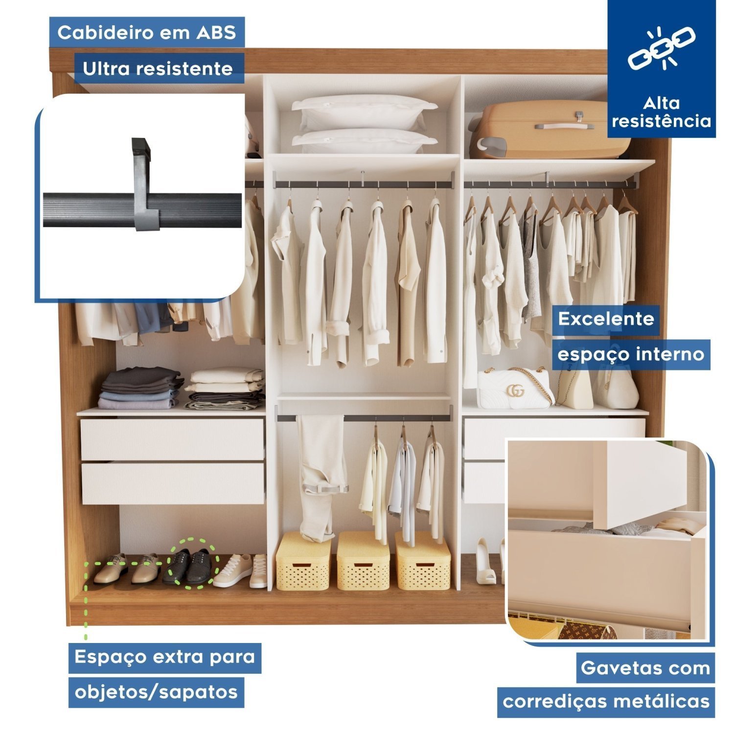 Guarda Roupa Casal Premium Itália 205,9cm 3 Portas 4 Gavetas Espresso Móveis - 7