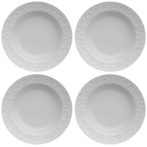 Jogo 4 Pratos Fundos Redondos 23,5cm em Porcelana com Relevo Tassel Germer Branco