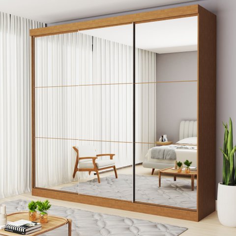 Guarda Roupa Casal Premium Isabela 205,9cm com Espelho 3 Portas 4 Gavetas Yescasa Marrom/Carvalho