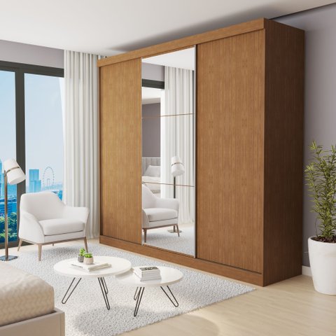 Guarda Roupa Casal Premium Barcelona 205,9cm com Espelho 3 Portas 4 Gavetas Yescasa Marrom/Carvalho