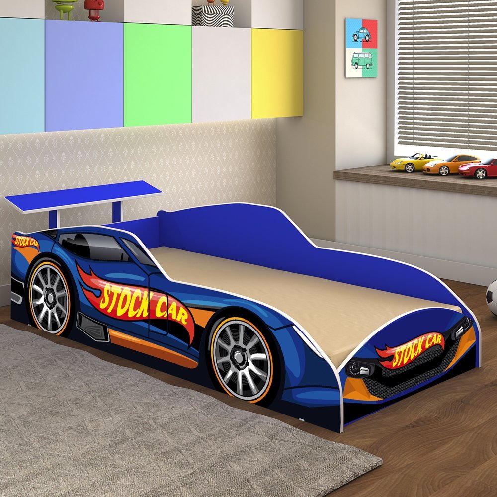 Cama E Guarda Roupa Infantil Carro Stock Car Azul - Móveis Bela