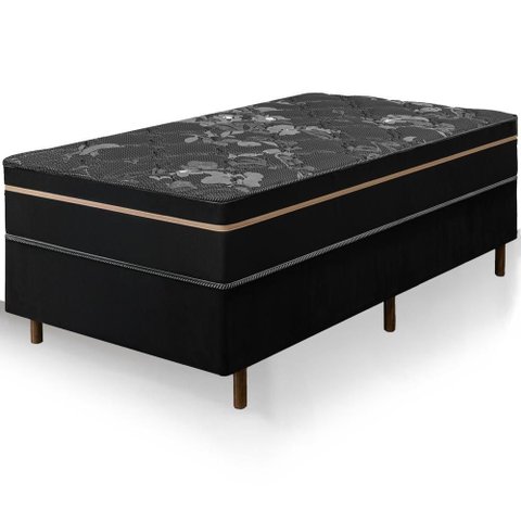 Cama Box Preta + Colchão Solteiro King Bariloche Preto Molas Ensacadas One Face 96x203x63cm