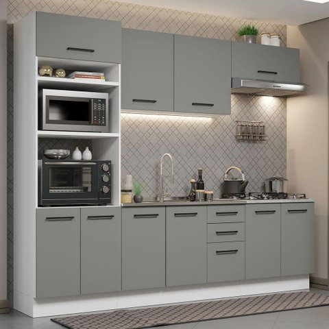 Armário de Cozinha Completa 270cm Branco Cinza Agata Madesa 01