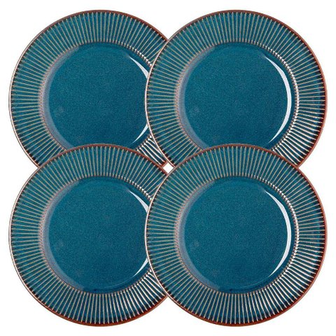 Jogo 4 Prato de Sobremesa Ceramica Azul Linear Rústico 20cm Lyor