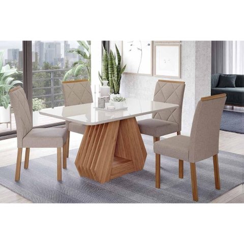 Sala de Jantar Completa Ágata Tampo Madeirado C/ Vidro 130x80cm e 4 Cadeiras Fernanda Cinamomo/off