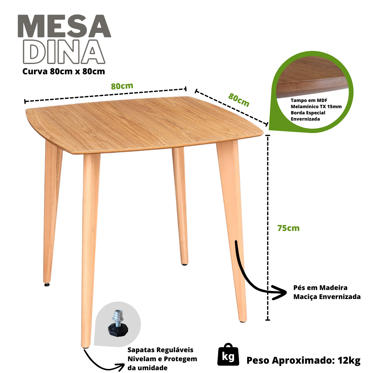 Mesa de Jantar Quadricurva 80x80cm 2 a 4 Lugares em Madeira - Dina - Freijó - 2