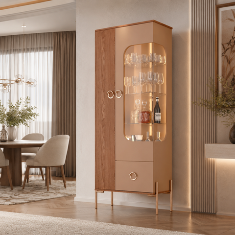 Cristaleira Unique LED Integrado Vidro Madeira Sala de Jantar 180x70cm:Fendi/Freijo