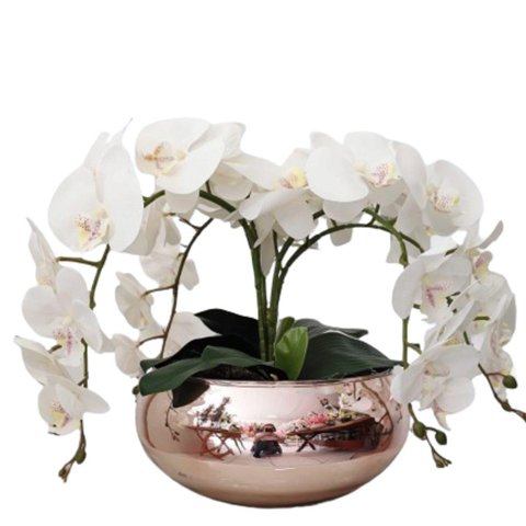 Arranjo de Mesa com 4 Flores Orquídeas Brancas Vaso Rosé