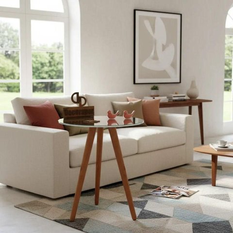 Mesa de Canto Redondo MDF Madeira Maciça 50cm Off White Decoraper