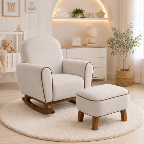 Poltrona Amamentação Nuvem Base Balanço com Puff Suede:Suede Bege
